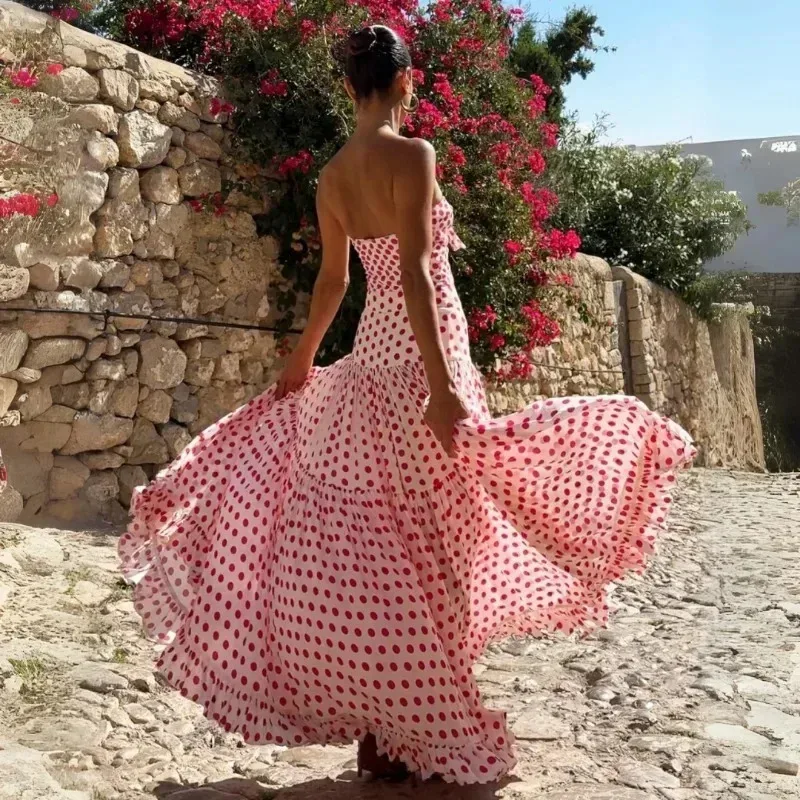 女性用水着セット、バレンタインデー休暇、ワンピースドットプリント、フレッシュ、新しいストラップレスポルカ