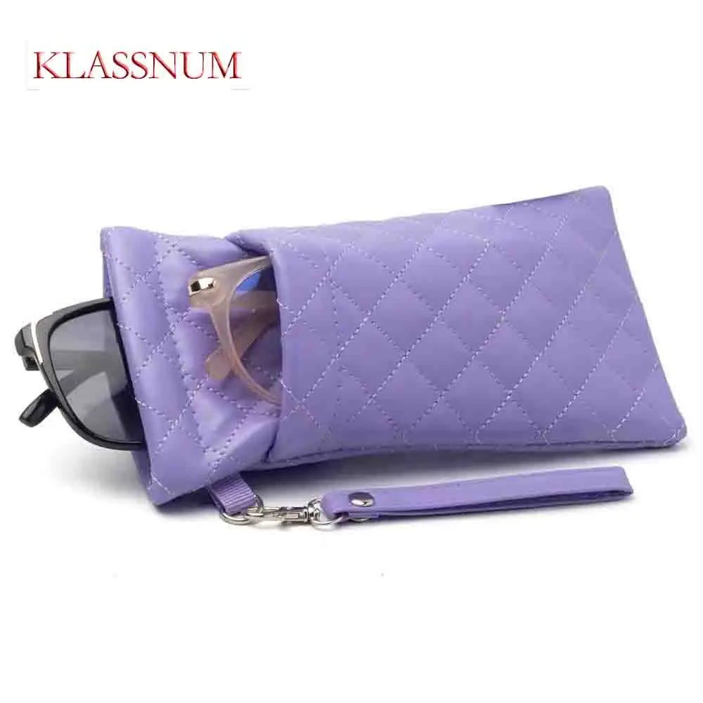 KLASSNUM Double-layer Sunglasses Storage Bag PU Leather Portable Glasses Bag With Lanyard/Metal Buckle Storage Pouch Women