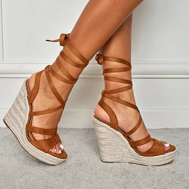 Luxury Women's Sandals Party Narrow Band Ankle Strap Flock 13.5CM Wedges Height Increasing Mature High Quality Shoes For Women