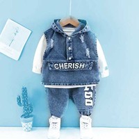 Baby boys clothes spring autumn fashion ripped denim suit letter denim jacket hooded vest + bottoming shirt + pants 3-piece set