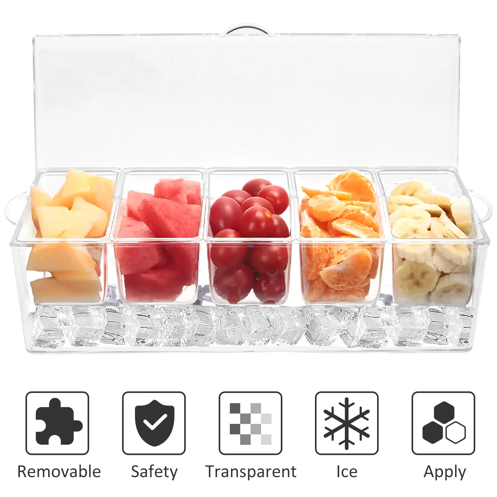 Chilled Condiment Server Reusable Clear Garnish Tray with 5 Removable Compartment Food Grade Safety Chilled Serving Container