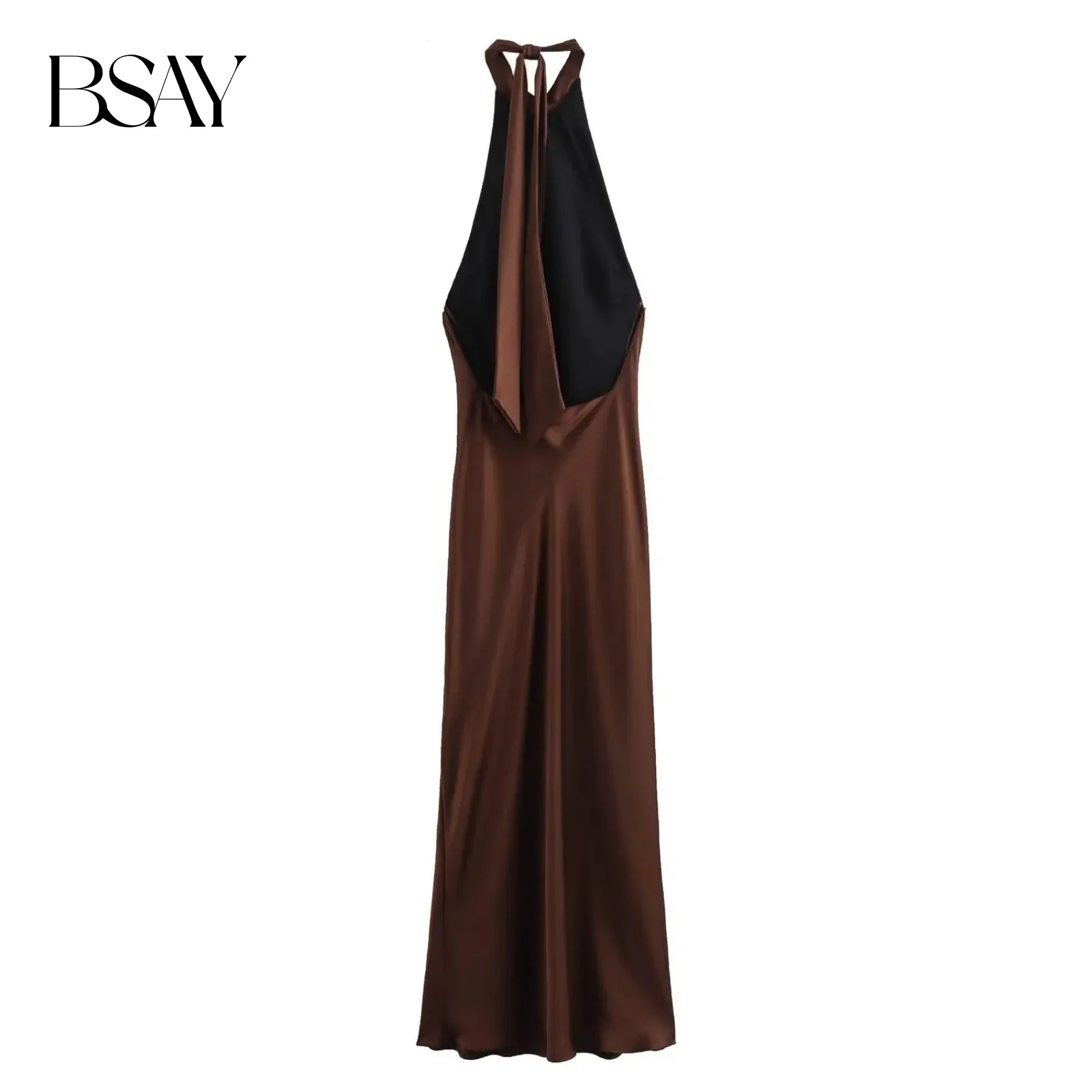 BSAY 女性ファッション夏の新サテンテクスチャノースリーブホルターセクシーな背中の開いたロングドレスシックな女性ヴィンテージブラウンイブニング