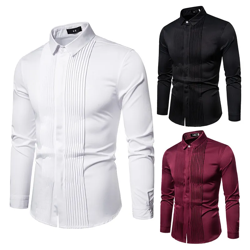 2026 Men's Fashion Solid Shirt Casual Long Sleeve Slim Party Dress Shirt Front Pleated Design Wedding Dinner Formal Shirt Men