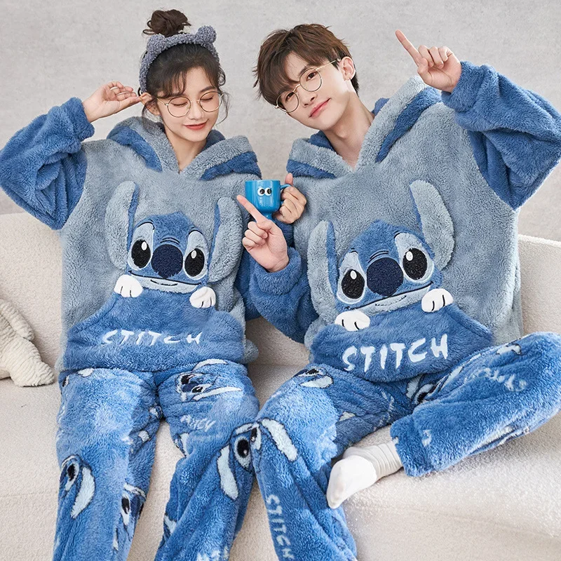 Cartoon Disney couple pajamas winter warm   couple suit hooded plush two-piece set Disney   loungewear Stitch women's pajamas