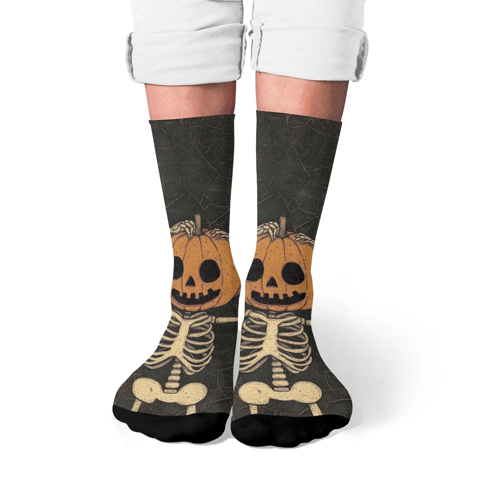 Gift-worthy Creative Funny Novelty Crew Socks Pumpkin-headed Skeleton Details Unique Presents for Humor & Halloween Fans
