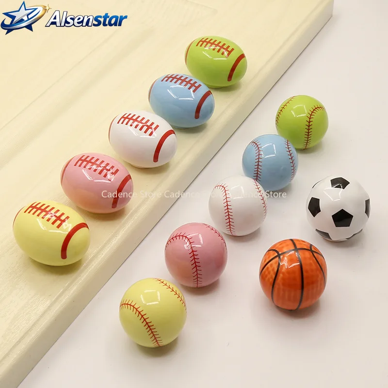 4pcs Cartoon Rugby and Baseball Cabinet Door Furniture Handle Shoe Wardrobe Display Spherical Single Hole Drawer Ceramic Pulls