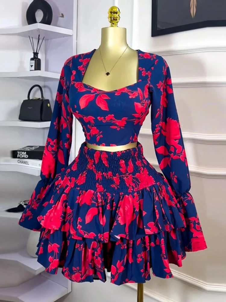 

Fashionable Beach Women Set Street Print Long Sleeve Shirts Pleated Ruffles Mini Skirts Suits 2025 Party Street Two Piece Sets