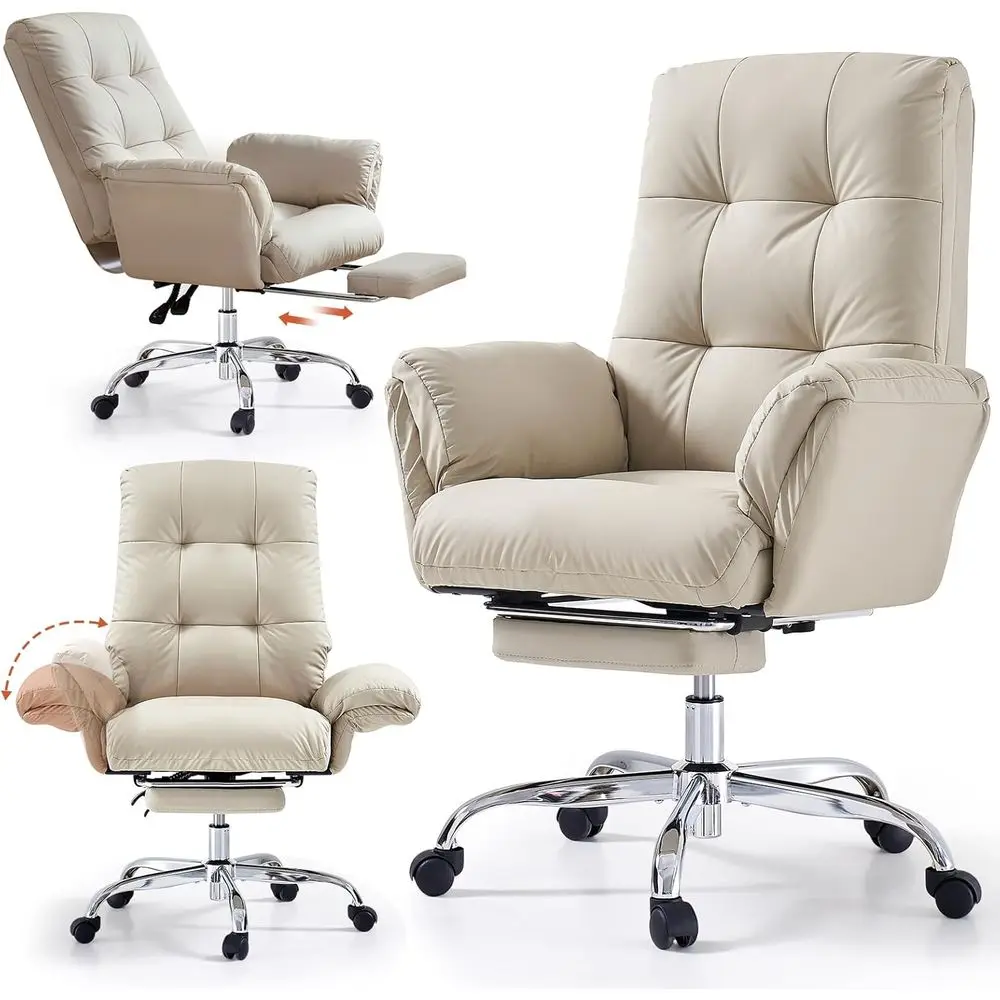 

Beige PU Leather Ergonomic Office Chair with Adjustable Footrest, Wheels, and Uplift Arms