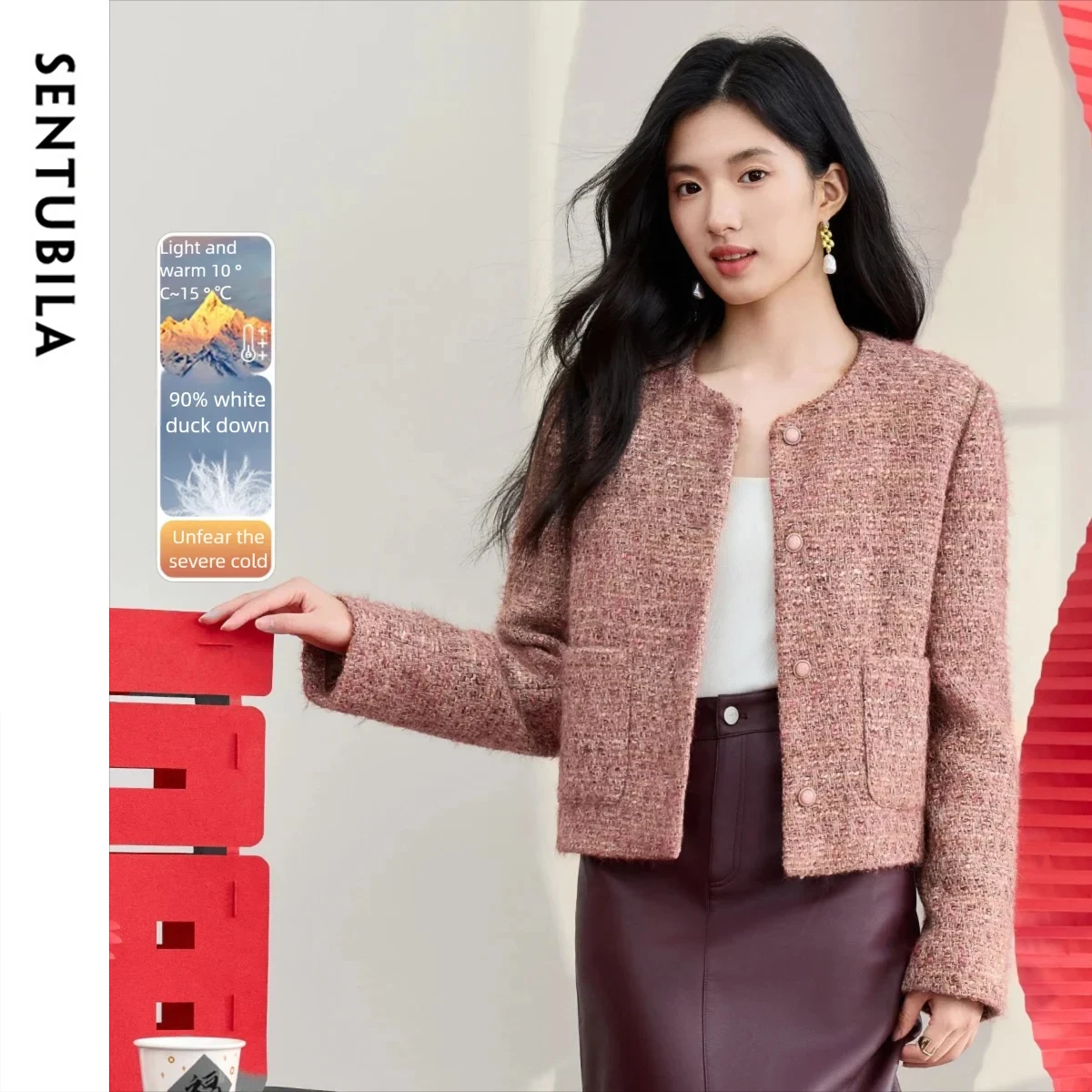 

SENTUBILA Women's Tweed Short Down Jacket 2025 Winter 90% White Duck Loose O-Neck Bead Button Casual Elegant Outwear W54YB3038