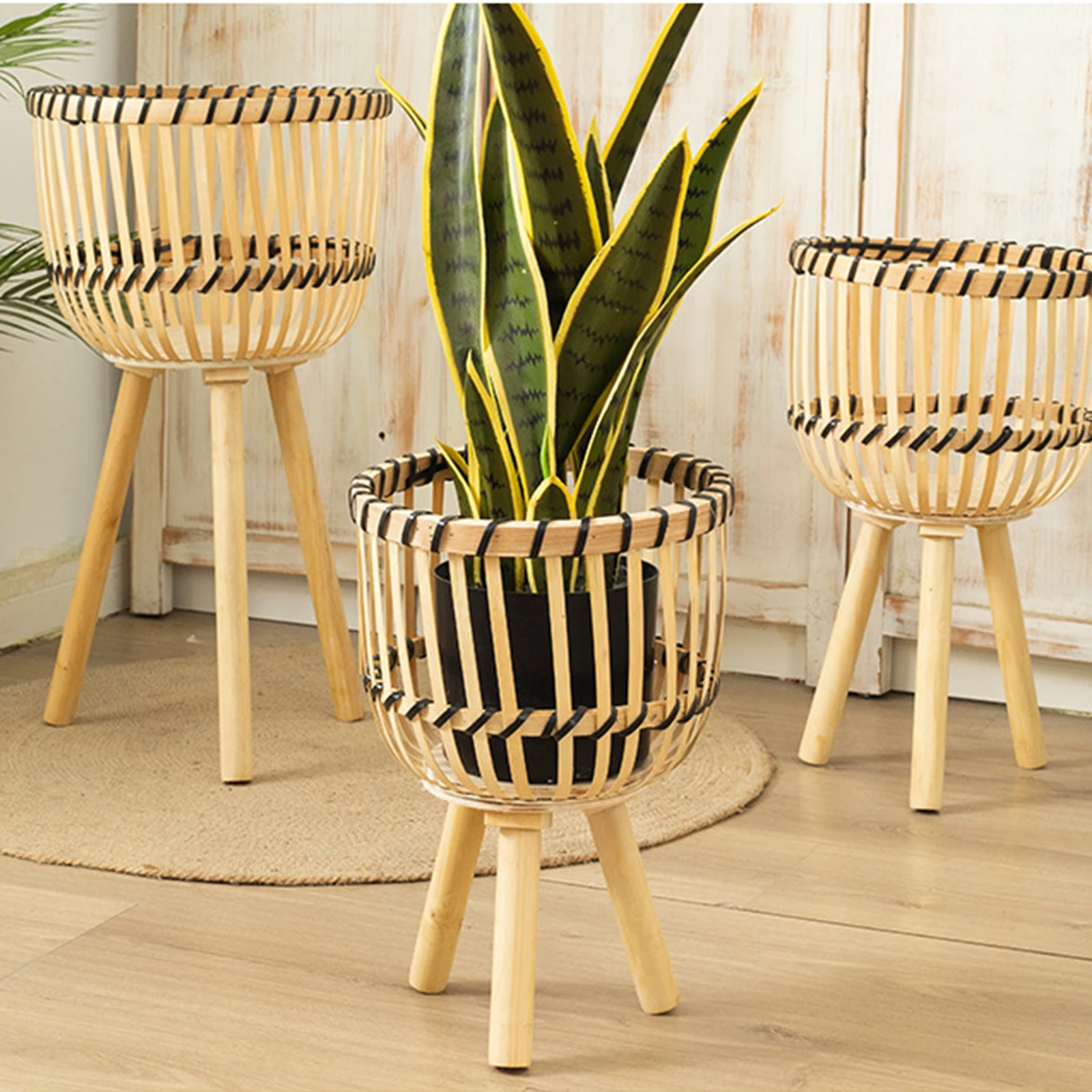 Wicker Floor Standing Pot Holders Bamboo Woven Plant Shelves Basket Organizer Unique Home Decoration Handmade Hollow Shelf