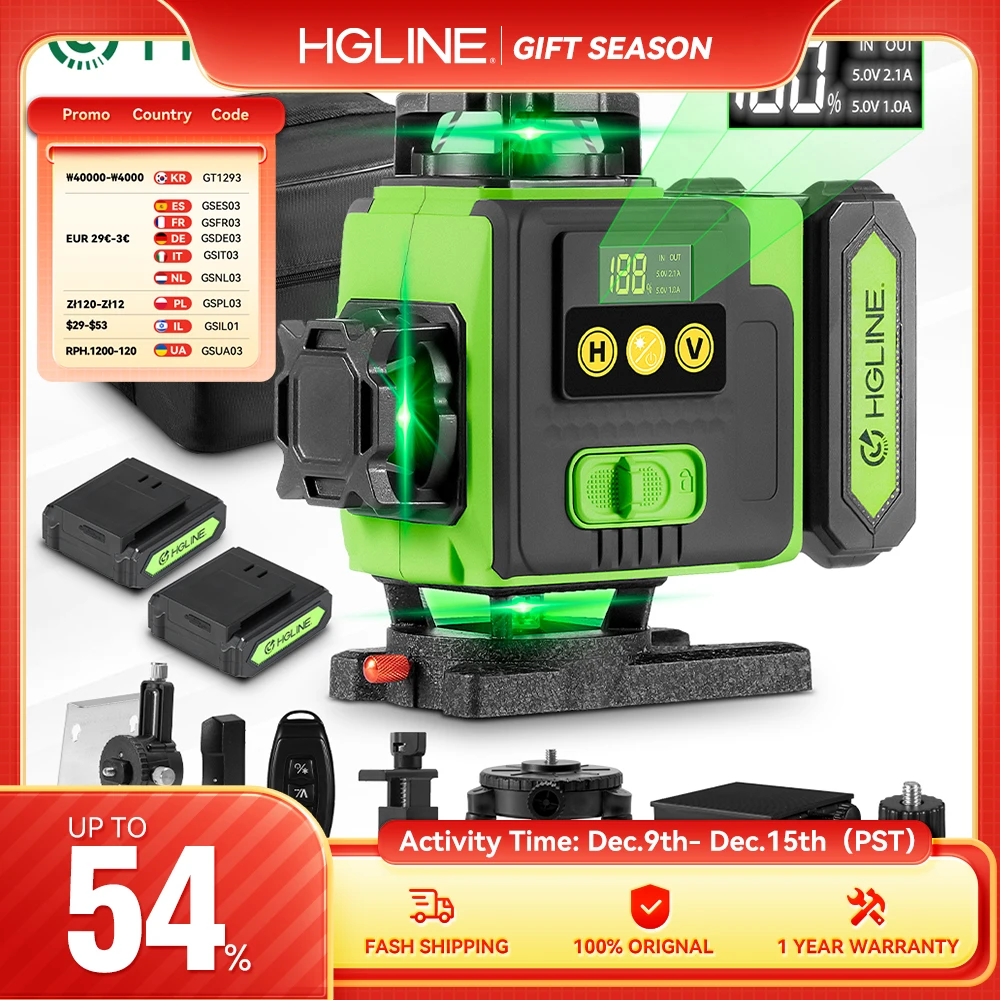 HGLINE 16 Lines 4D Laser Level APP Remote Control Rechargeable 360° Automatic Green leveling Tool 2pcs 6000mAh Li-ion Battery