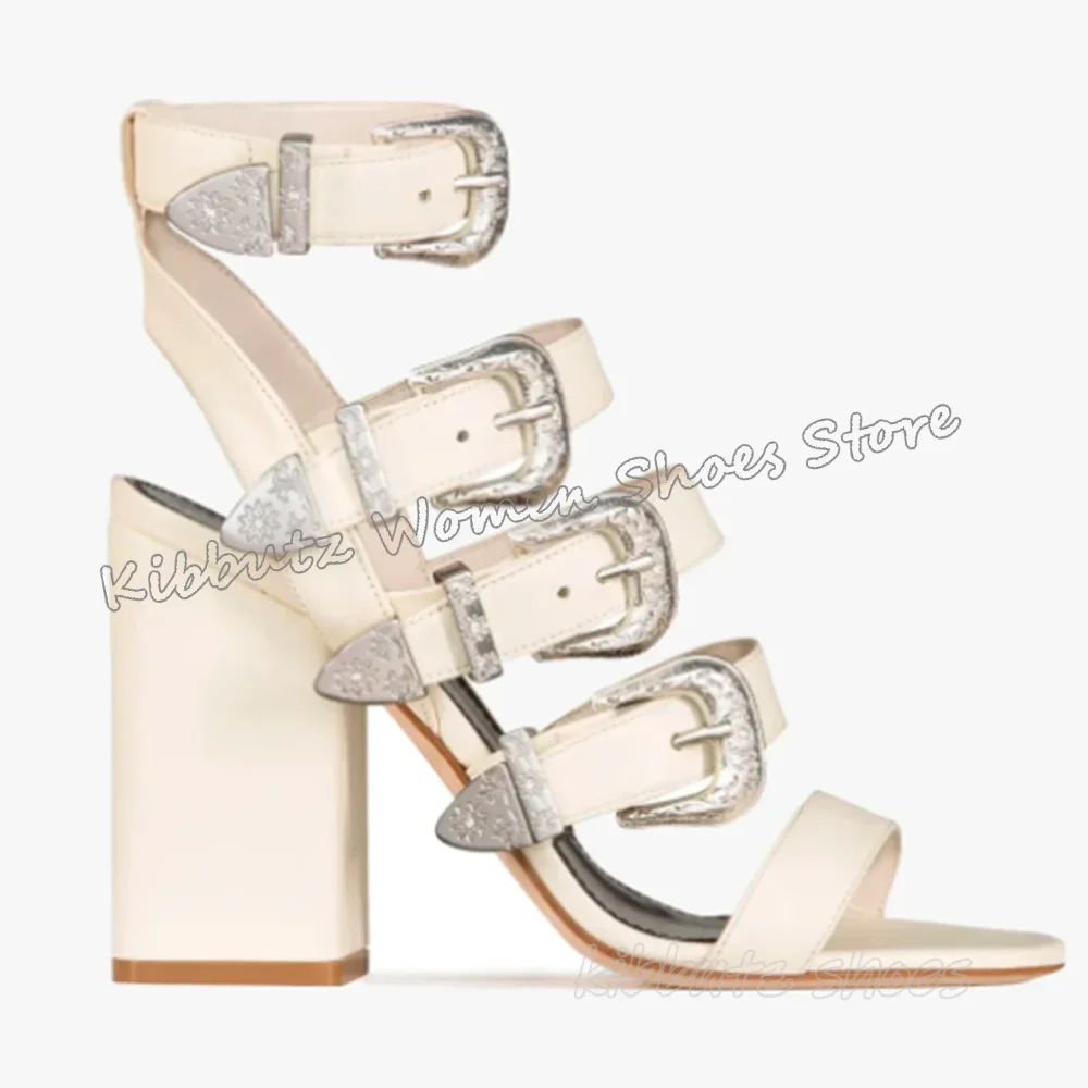 Crystal Belt Buckle Sandals Glossy Square Toe Chunky Heels Genuine Leather Solid Color Fashion Elegant Concise Sexy Women Shoes