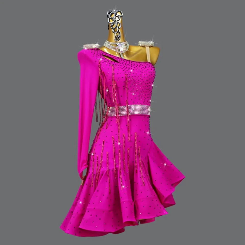 2025 nieuwe latin danswedstrijd kostuum sexy nieuwe volwassen slijtage vrouwen midi jurk ballroom kleding meisje sport party rok aangepast