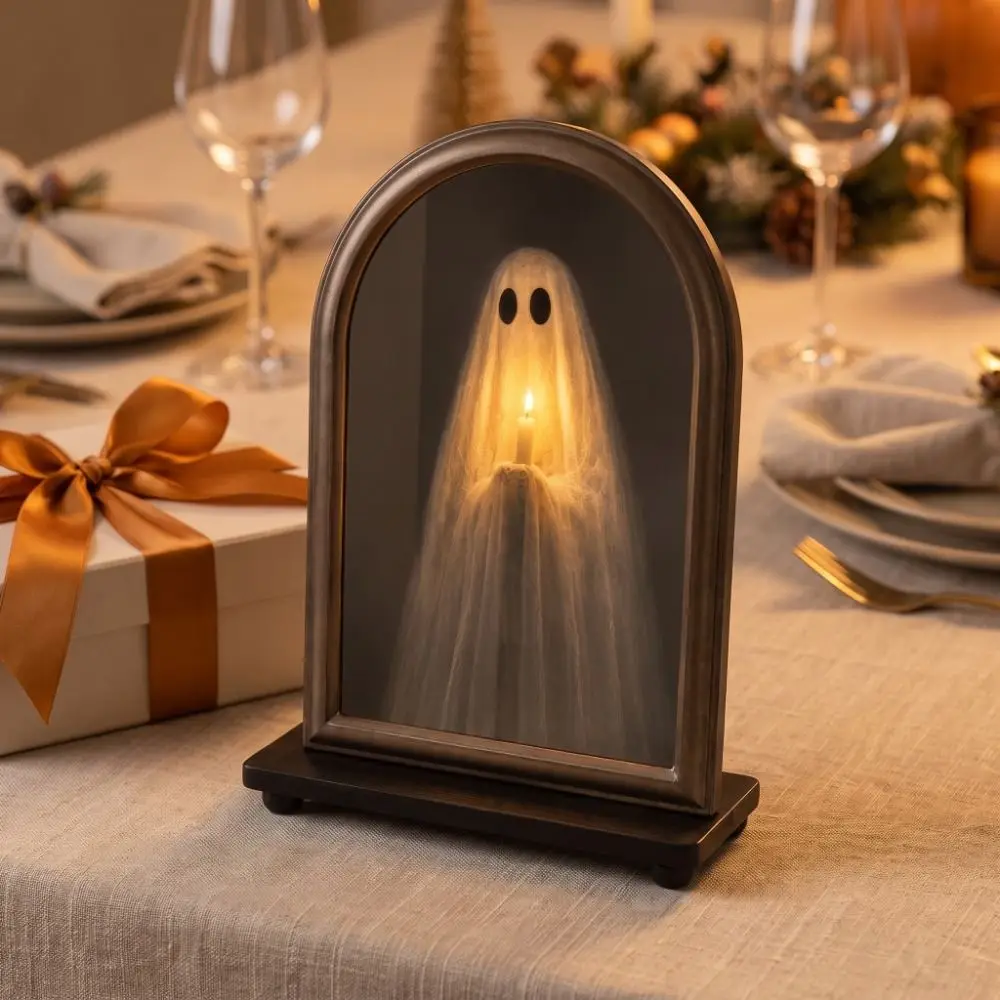 LED Glowing Ghost Mirror Ghost Shaped Warm LED Lights Light Up Ghost Mirror Illuminated Battery Powered Wall Hanging Mirror