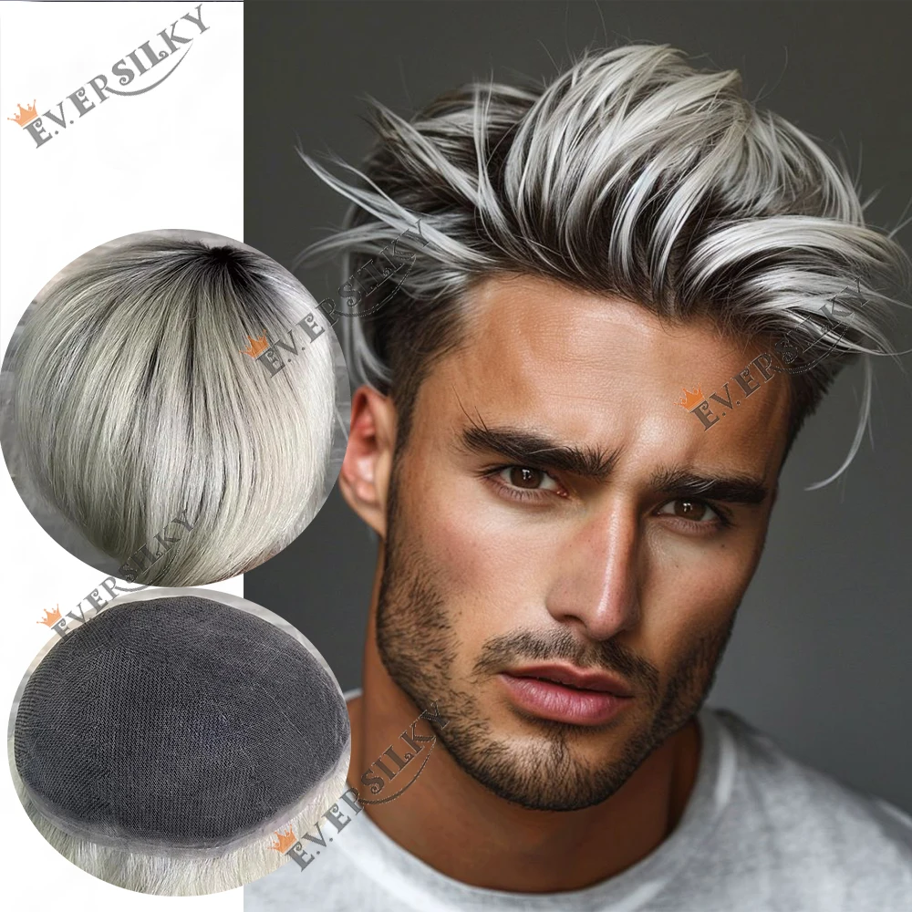 Super langlebiges, vollständig mit Schweizer Spitze versehenes Haar mit schwarzen Ansätzen, 60r # Ombre Platinblonde Herrenperücken # 380 Graues Haarsystem Echthaar-Toupet Prothese – Detail 1