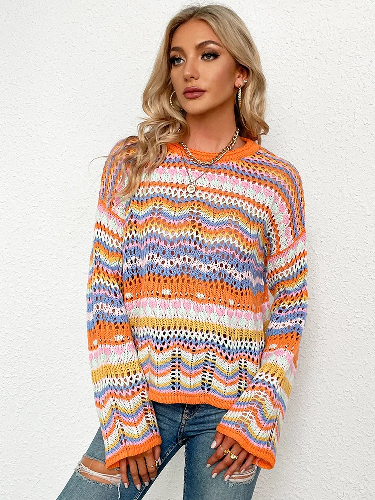 Striped Women\'s Sweater Korean Fashion Knitted Long Sleeve Tops O-neck Pullovers Autumn Clothes For Women 2023 New Arrivals