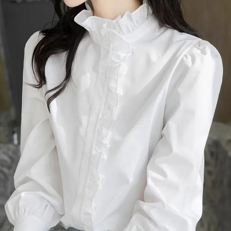 Fashion Elegant Casual Solid Color Ear Edge Shirt 2025 New Spring and Autumn Stand Collar Patched Button Long Sleeve Ruffle Edge 5