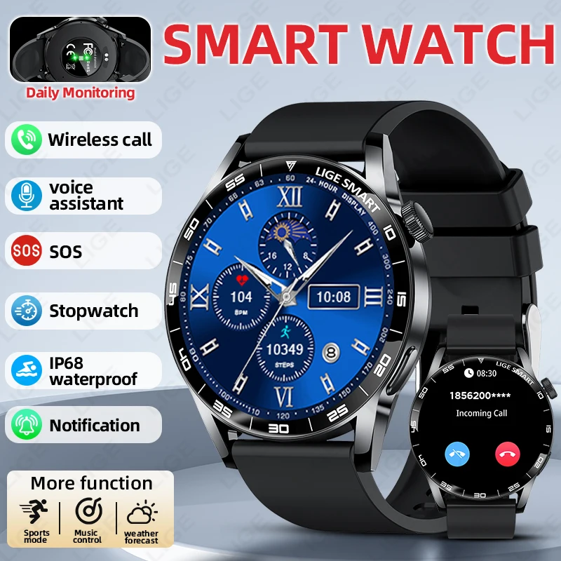 

LIGE 2025 Heart Rate Blood Oxygen Monitor Smart Watch Men 1.38'' HD Screen Bluetooth Call Watches Waterproof Business Smartwatch