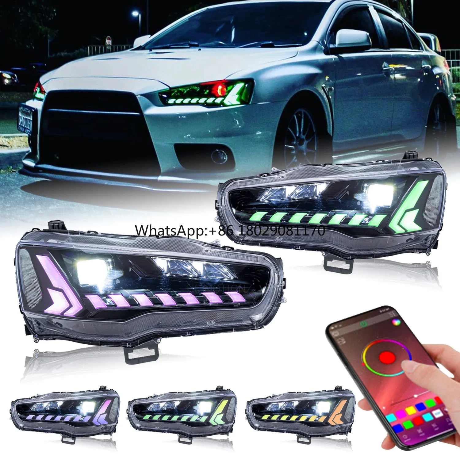 HCMOTIONZ RGB iniciar animação lâmpadas sequenciais, faróis de LED para Mitsubishi Lancer, estilo de carro, olhos de demônio, 2008-2017