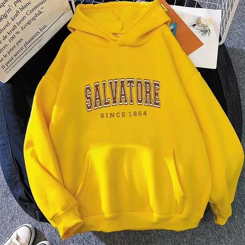 Salvatore Since 1864 Printed Kangaroo Pocket Hoodie Vampire Diaries Jumper Vintage Crewneck Fans Sweatshirt Aesthetic Clothes