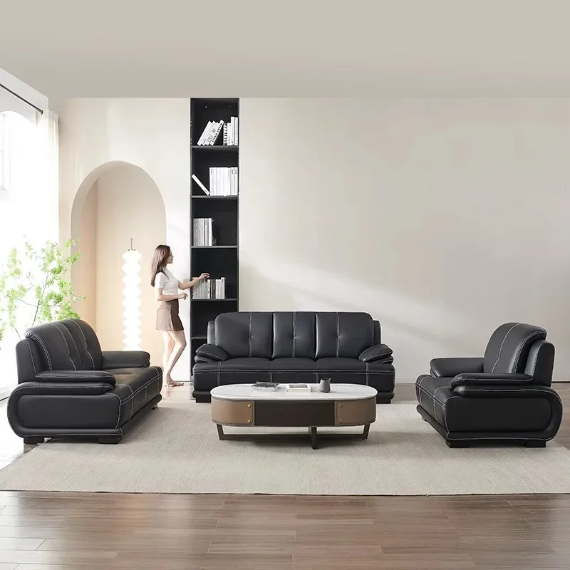 Leather sofa living room small apartment modern light luxury Italian minimalist first layer cowhide three-person straight row