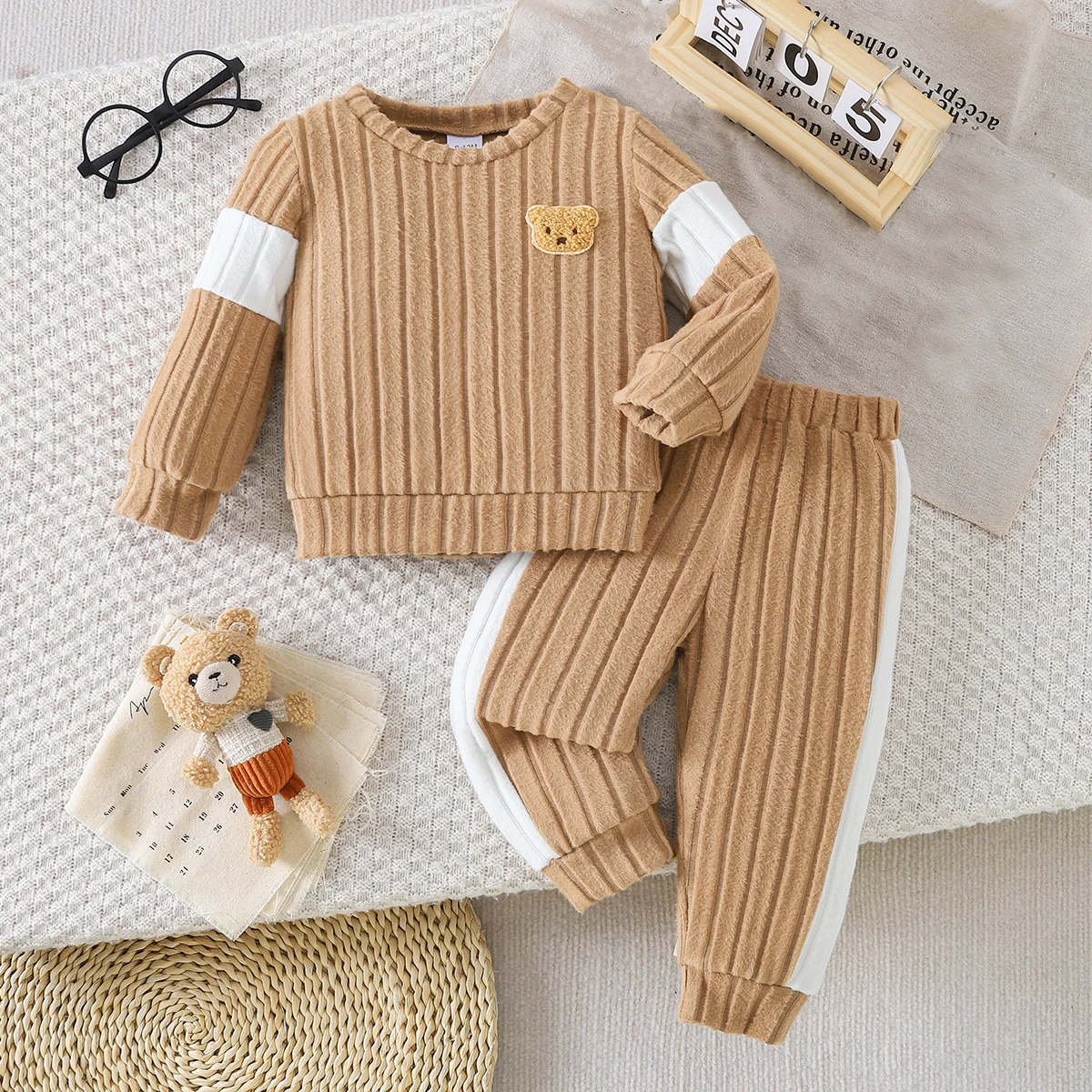 Kids Bear Embroidered Knitted Long Sleeve Two-Piece Set Gentle Simple Casual Bear Decoration Cuff White Stripe Splice