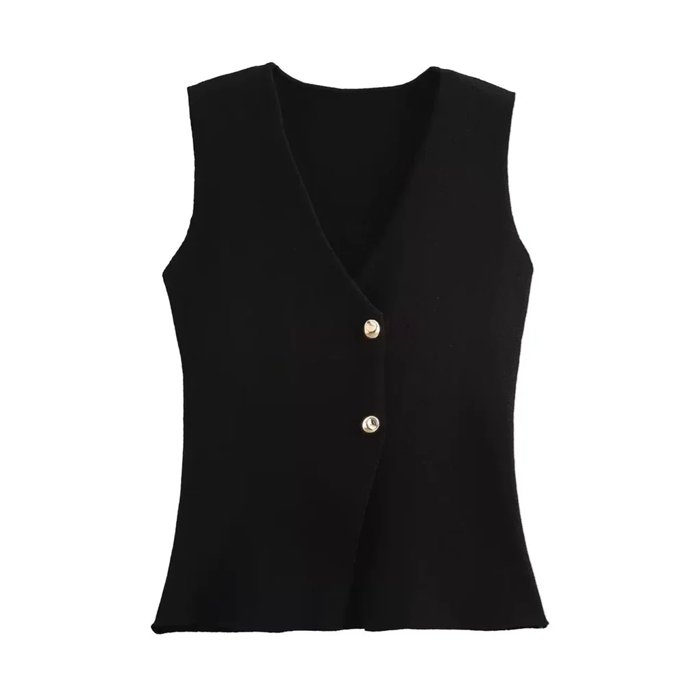 PB&ZA2024 autumn new women's clothing fashion temperament slim fit simple gold button knitted vest short