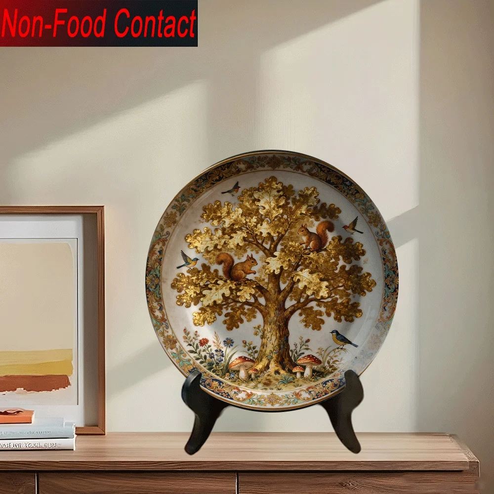 1pc Elegant Golden Oak Tree & Squirrel Floral Ceramic Decorative Plate | Non- Contact, Ideal for Living Room, Bedroom, Dining