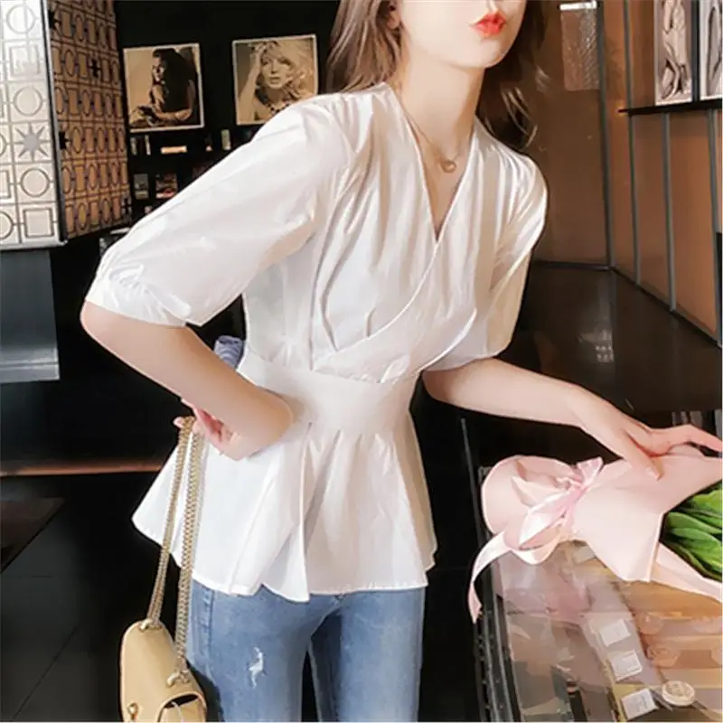 Back Button Big Bow Sashes White Blouse Summer Women Korean Sweet Wrap Vneck Peplum Office Elegant Chic Two Wear Shirts Top 2022