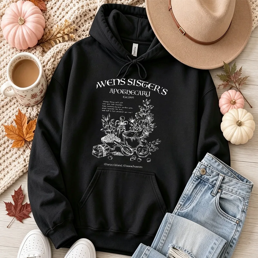 Awen's Sister's Apothecary Vintage Witch Potion Herbs Pullover Hooded Sweatshirt Gothic Herbal Magic Potion Jar Print Casual Top