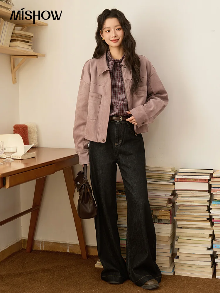 MISMHOW タロパープルレザージャケット秋 2025 コントラストスプリックスショートジャケット対称二層ポケットコート MXE44W0816