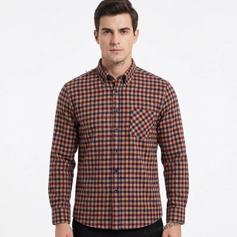 Chemises décontractées à manches longues pour hommes, 100% coton flanelle Plaid chemises décontractées à coupe régulière pour la maison vêtements