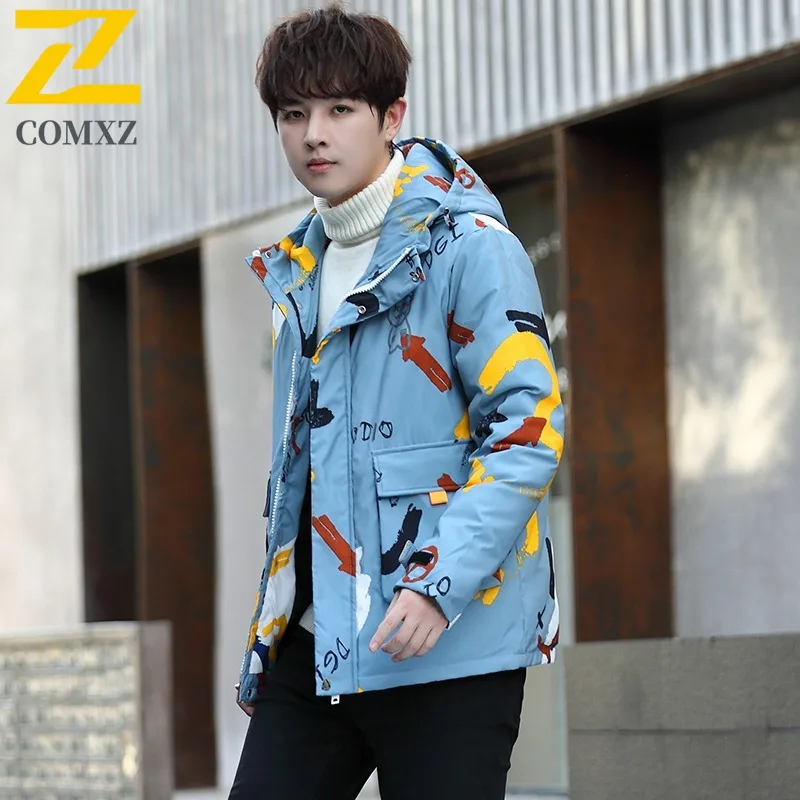 COMXZ 2025 ​Men Graffiti  Jacket Winter Thermal Puffer Windproof Korean Style Loose Fit Streetwear Parka Detachable Hood​ Coat
