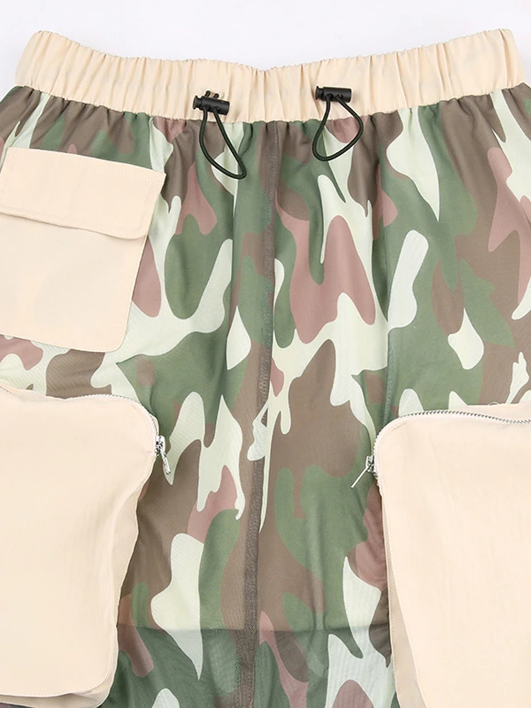DEAT Fashion Women Mesh Skirt Drawstring Elastic Waist Pockets Camouflage Perspective Floor-length Skirts Summer 2024 New 7AB246