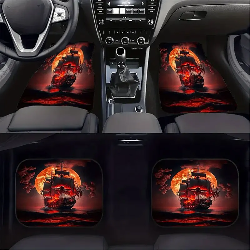 4Pcs Car Floor Mats Set, Fiery Ghost Pirate Ship & Blood Moon Print Gothic Style For Vehicle Interior