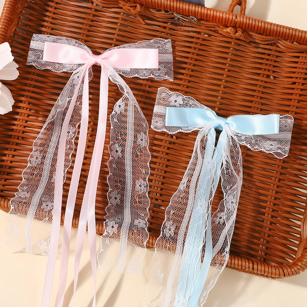 

Корейский стиль, розовый, синий, кружевной бант, заколка для волос для женщин и девочек, лента с кисточкой и бантом, заколки для волос, заколки для волос, аксессуары для головных уборов