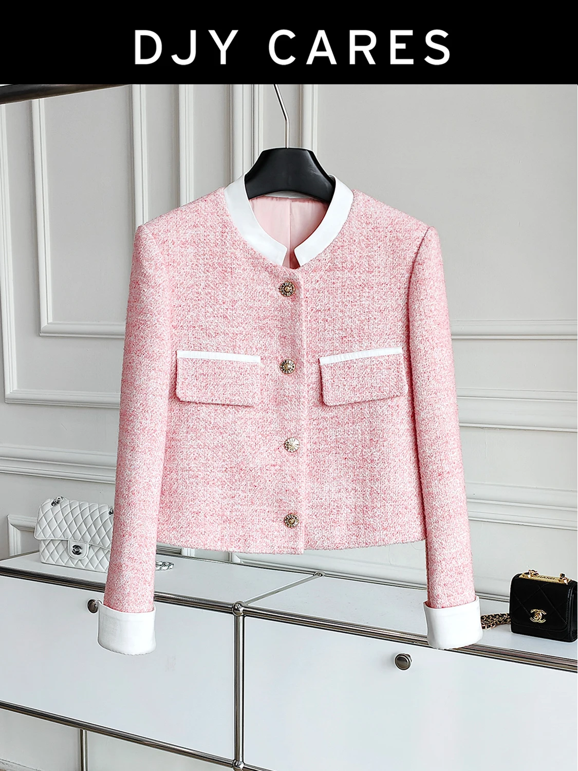 

New Coarse tweed sweet light powder heavy-duty spliced jacket wool short top big size