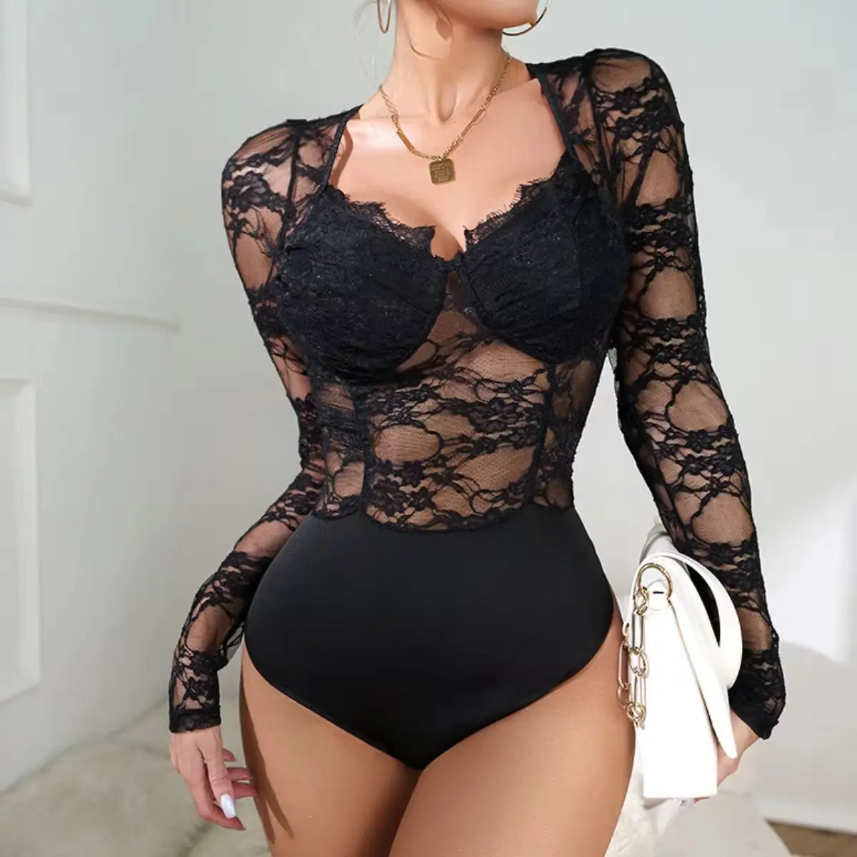 Women Lace Net Long Sleeves Bodysuits Fashion See-through Jumpsuit Thongs Slim Shapewear Fashion Sexy Fit Bodyshaper Tops Onesie