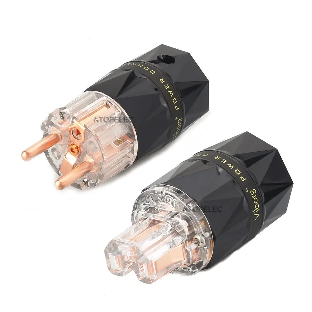 VIBORG 99.998% Clear Diamond Shell Pure Red Copper Schuko EU Male Plug / IEC Female Connector HiFi Audio Power Cable DIY 503