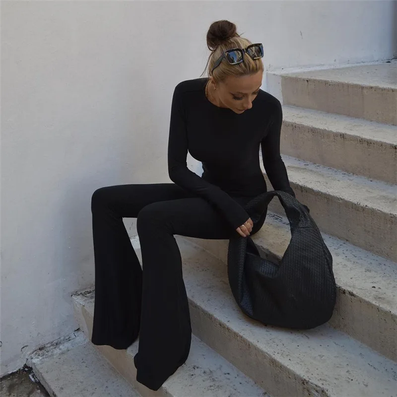 Solid Black Sexy Backless Bodycon Wide Leg Jumpsuit Women Autumn Casual Slim Long Sleeve O-Neck Playsuit Lady Streetwear