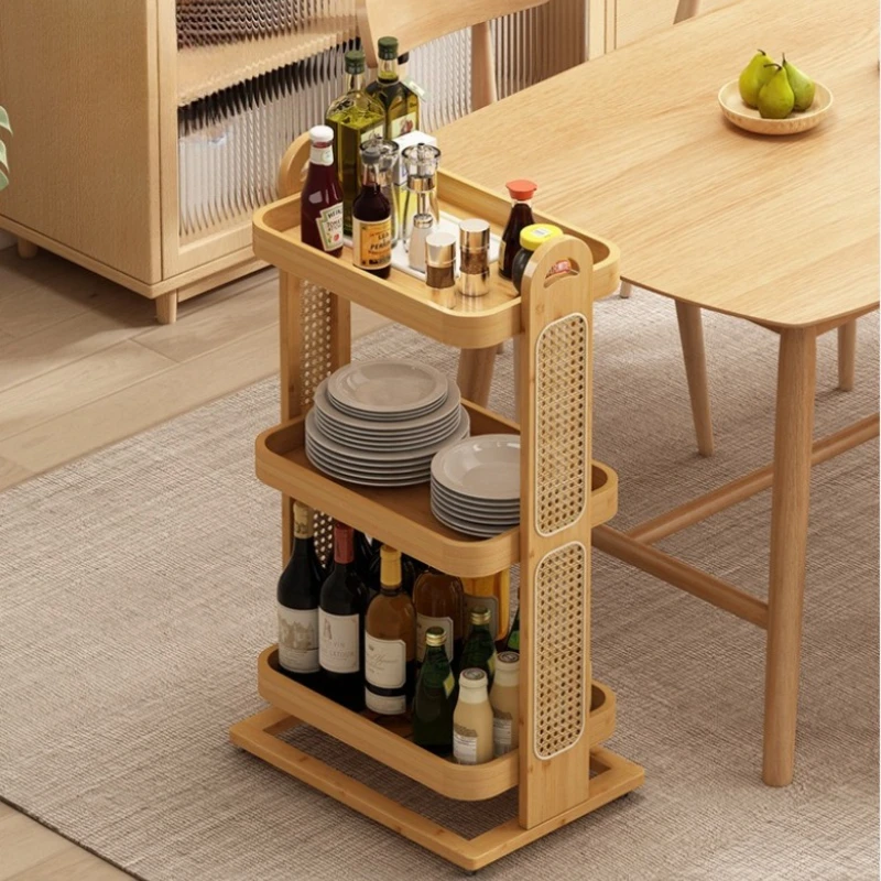 Rattan Multi-layer Rolling Organizer Cart Small Spaces End Table Multifunctional Home Storage Rack Living Room Sofa Coffee Table