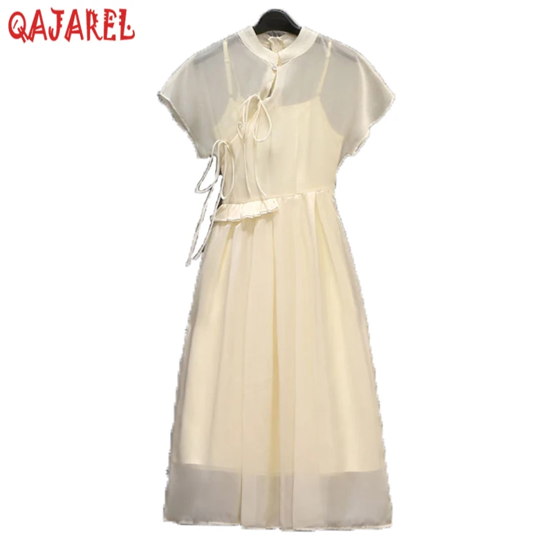 

Women White Chiffon Short Sleeve Midi Dress Sets Summer Boho Fashion Light Beach Dress 2024 Korean Elegant Casual Two Piece Sets