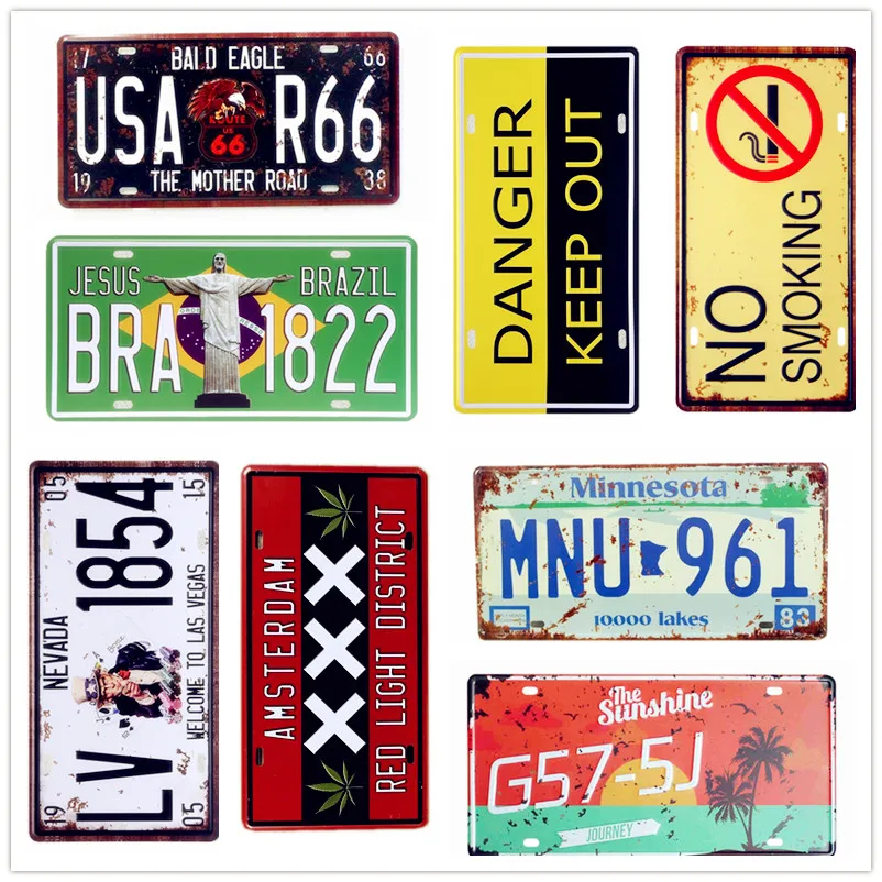 

New Styles Car Route 66 Vintage Metal Tin Signs Dog license Plate Sign Home Wall Decoration For Garage 30x15cm Mix Order A535