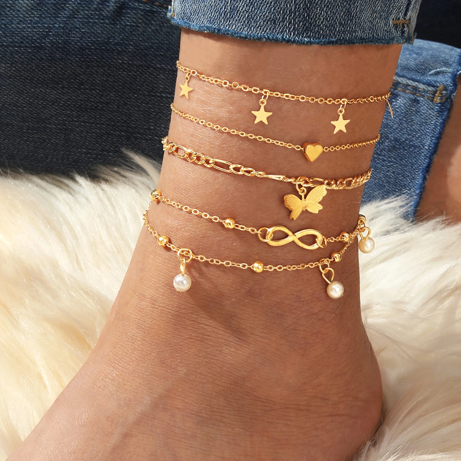 IPARAM Exquisite Metal Butterfly Star Heart Pendant Anklets Set Bohemia Vintage Pearl Pendant Foot Bracelet Beach Woman Jewelry image 3