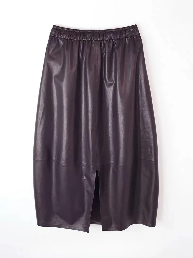 Fashion Retro Women Genuine Leather Sheepskin Loose Long Bud Skirt 80cm Elastic Waist Drawstring Wrapped Jupe Mujer Mid Length