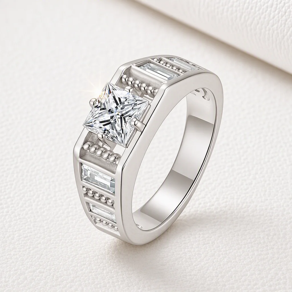 925 Sterling Silver Princess Cut Moissanite Ring for Men Wide Band GRA Certified Wedding Promise Jewelry Gift