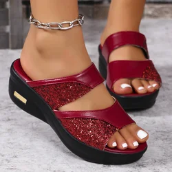 2024 Nieuwe Vrouwen Zomer Slippers Dames Glitter Pu Wiggen Schoenen Dames Casual Slingbacks Sandalen Comfortabele Platform Vrouw