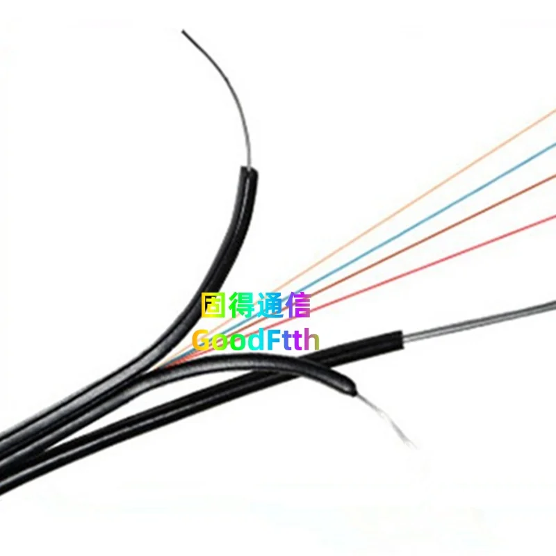 Cabo pendente FTTH para exterior, auto-apoio, Messenger Wire, GoodFtth, SM, preto, LSZH, 2x0,45mm, FRP, 1,0mm, 2,0x5,0mm, 4C, 1km