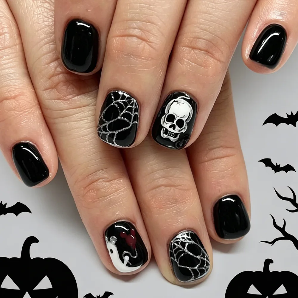 Halloween Press on Nails Skull Fake Nails Full Cover Halloween Nail Art 3D Spider Skull Design Press on Nails Halloween Fake Tip