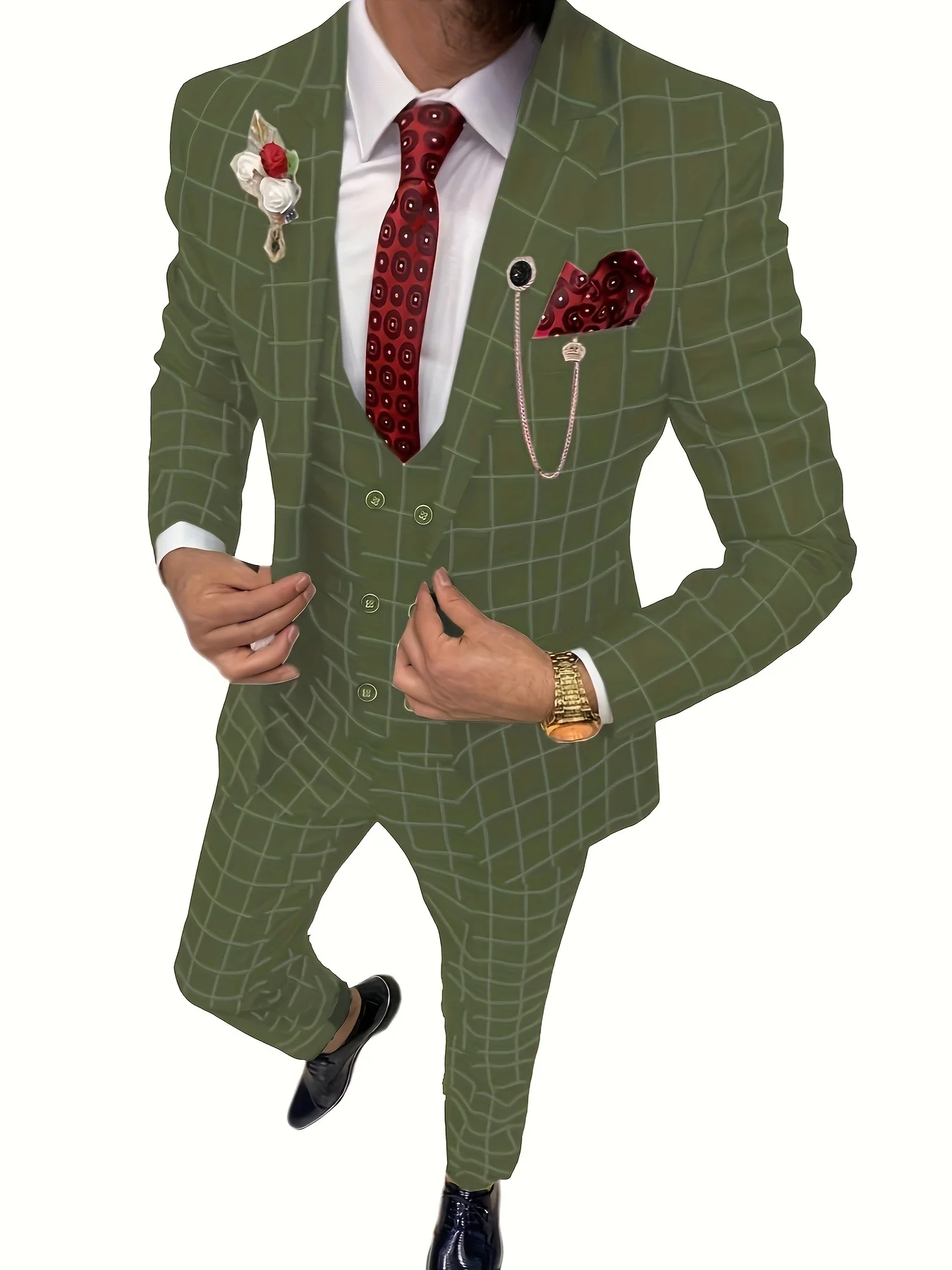 Elegant Men's Suit 3 Pieces Plaid Tuxedos Business Suits Slim Fit Double Breasted for Wedding Business (Blazer+vest+Pants)